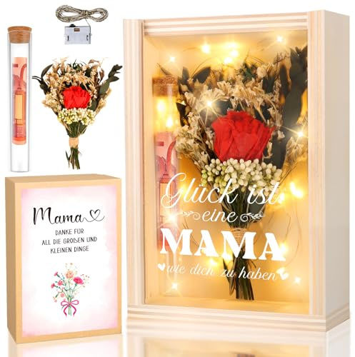 TUZELIYA Mama Geschenkbox, LED Lichterkette Reagenzglas, Geburtstagsgeschenk für Mütter, Geldgeschenk, Holzbox mit Gravur Glück ist elne Mama wo dich zu haber, Dankeschön Geschenk, Muttertag
