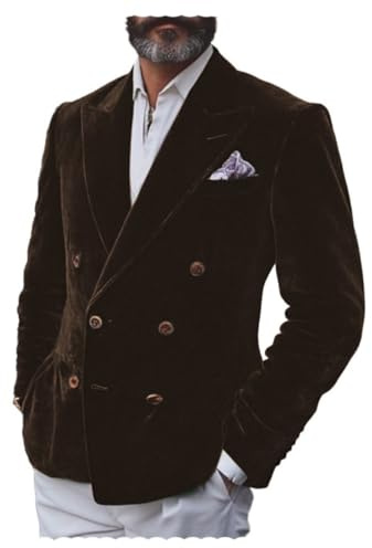 Blazer da uomo in velluto vestibilità slim giacca con bottoni doppiopetto smoking blazer matrimonio ballo cena elegante, Marrone scuro, XL