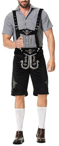 Completo Tradizionale Bavarese Uomo Oktoberfest Camicia A Quadri Pantaloni con Bretelle Ricamati Costume Tedesco Festa della Birra Abbigliamento Storico per CarnevaIe Cosplay Party Beer (BK2, XL)