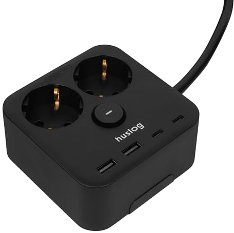 Huslog cubo multipresa con 2 prese Schuko, 2 porte USB-A e 2 USB-C, 3680W multipresa con interruttore, supporto per smartphone e montaggio a parete, cavo da 1,4 m – distributore di corrente compatto