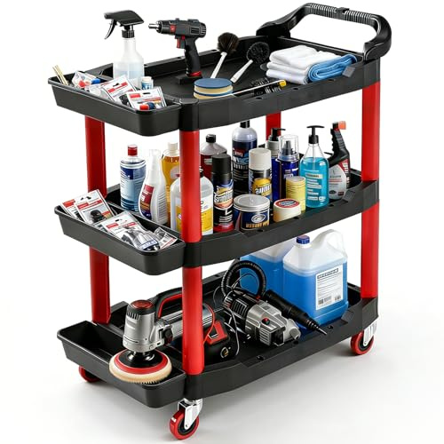Tool Trolley On Wheels, 3-Tier 200Kg Capacity Car Detailing Rolling Cart with Locking Casters & 3 Storage Box, All-in-One Mobile Tool Storage Station for Garage, Warehouse, Workshop, DIY Projects