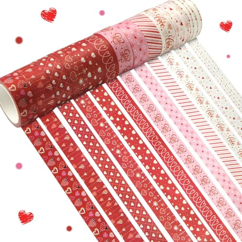 Boerni 12 rullar alla hjärtans dag washitejp 15 mm rött hjärta kärlek washi maskeringstejp dekorativ papperstejp för bröllopsdag klippbok journal gör-det-själv hantverk presentförpackning, 5 m