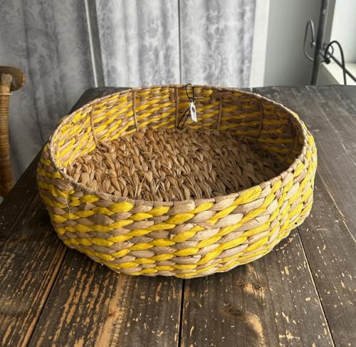 Madam Stoltz runder Seegras Korb mit Rautenmuster gelb natur Handarbeit Boho Ethno Scandi