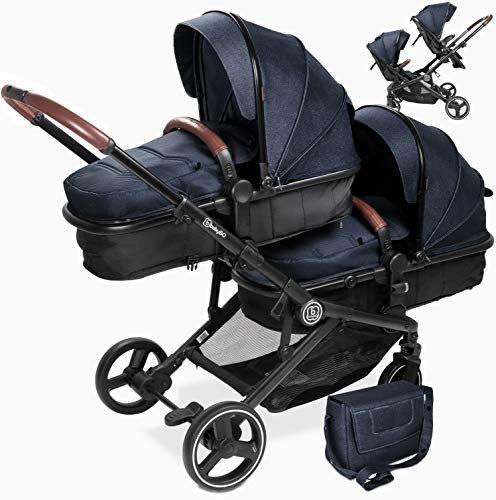 babyGO Passeggino gemellare 3 in 1 per gemelli, passeggino gemellare, per 2 bambini, con molti accessori, colore: grigio antracite melange-senza navicella