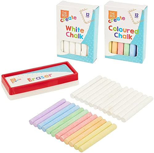 JKG® Juego de 25 tizas y borradores para niños – Tiza y borrador de esponja para pared, pizarra, pizarra, escuela (12 tizas blancas, 12 multicolor, 1 borrador)