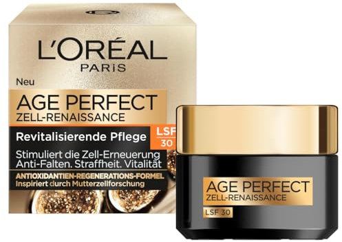 L'Oréal Paris Tagespflege LSF 30 für Frauen: für geschmeidigere und strahlendere Haut & Lichtschutzfaktor 30 mit einzigartiger Antioxidantien-Regenerationsformel, Age Perfect Zell Renaissance1x 50ml