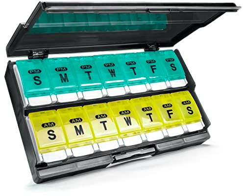 Extra Large Weekly Pill Organizer 2 Times a Day - Remtise Am/Pm Daily Pill Case Medicine Organizer, Push Button 7 Day Pill Box for Pills/Vitamin/Cod Liver Oil/Supplements (Cyan & Yellow)
