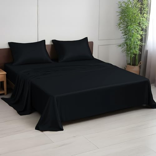 LINENWALAS Juego de sábanas de bambú de alta calidad, 4 piezas, 100% orgánico, suave, transpirable, con sábana bajera, sábana encimera y funda de almohada (Superking, negro)