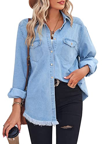 Zilcremo Women Denim Shirt Chambray Collared Jean Shirts Long Sleeve Pocket Button Down Blouses Blue L