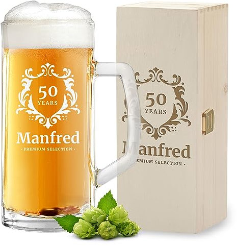 polar-effekt 2-TLG Set 1x Bierkrug 0,5 L aus Glas + 1x Holzkiste mit Gravur das Männergeschenk - Bierseidel zum Geburtstag und Jubiläum - für Bierliebhaber - Motiv Premium Selection