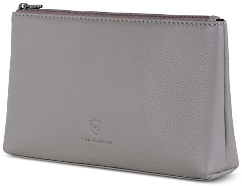 VON HEESEN Echtleder Kosmetiktasche für Damen & Herren - Kulturbeutel aus echtem Leder - Kulturtasche und Waschtasche für Männer und Frauen in Grau