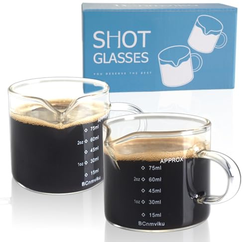 BCnmviku 2 PACK Espresso Glass Measuring Cup Triple Pitcher Milk Cup 75ML Espresso Cups with Handle Shot Glass with V-Shaped Mouth Clear Accessories Milk Frothing Pitcher (2)