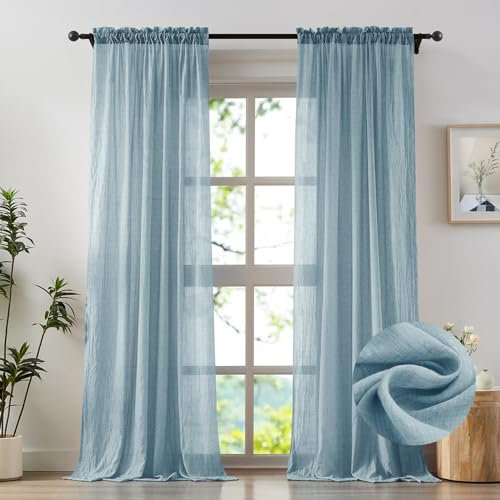 Anpark Elegant Blue Sheer Curtains 108 Inches Long for Living Room Patio Door, Cotton Linen Textured Light Filtering Crinkle Sheer Drapes Rod Pocket Natural Voile Curtains, W52 x L108 in, 2 Panels