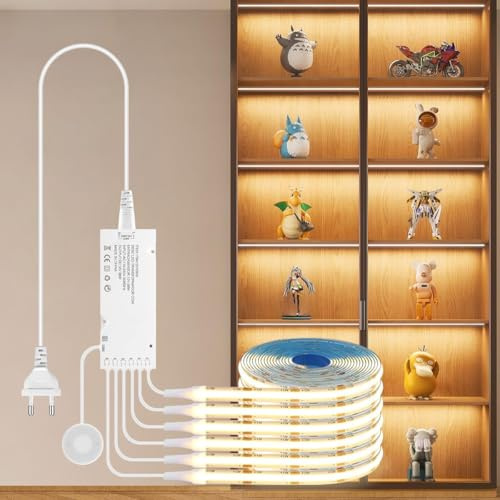 AIMENGTE COB LED Strip 1m, 6 Rollen 12V Warmweiß Akustikpaneele Schneidbar COB LED Streifen, with Berühren und Hand Sweep Dimmer Schalten, für Weinschränke, Regale, Schränke, Küche Beleuchtung