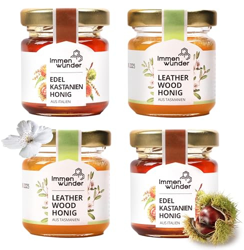 Immenwunder Honig Probierset Set Honigwald, 4x50 g Honige | 4x50 g Honige 2x Leatherwood Honig, 2x Edelkastanie, ideale kleinigkeiten für Ostern, Geschenkideen, für Frühstück, Tee