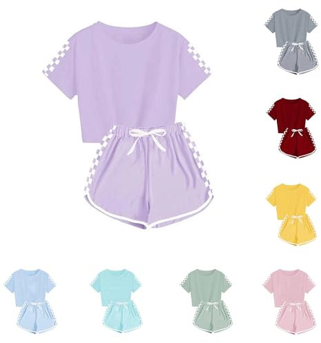 XINYUNZU Sportanzug Mädchen T-Shirt und Shorts Sommer Kleidung Set Trainingsanzug Jogginganzug Sport Outfit Top mit Sporthose Kurz Activewear Casual Klamotten Bekleidungssets für Kinder Lila 13 Jahre