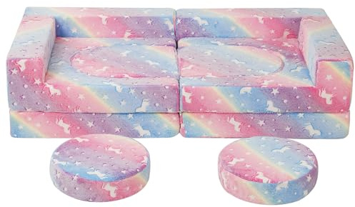 MeMoreCool Sofa für Kinder ab 3 Jahren, Modularer Schaumstoff Soft Couch mit Grauem Dinosaurier, Leuchtender Effekt, Ideales Sofa für Kinderzimmer, Regenbogen