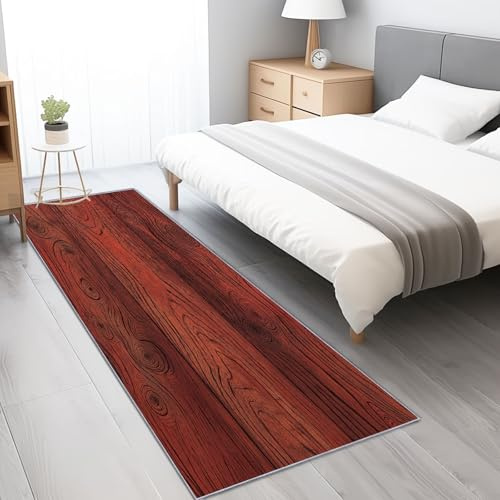 Herbst Teppich Läufer 50 x 150 cm, Rot rutschfest Küchenteppich - Weich Schlafzimmer Aquarell Roter Boden Holzstruktur Thema Indoor Lang Korridor Carpet für Eingang Fußmatte Wohnzimmer