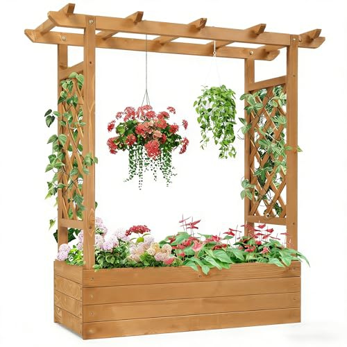 Outopee Wooden Planter With Trellis, 110x45x113CM, Teak | Outdoor Large Plant Raised Bed, Garden Planters, For Climbing Plants, Vines, Flowers