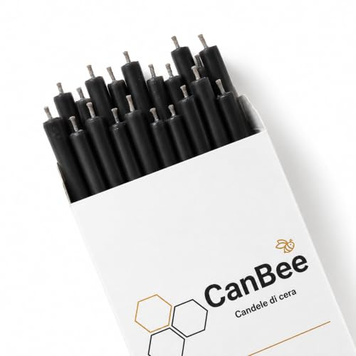 20 Bougies Fines Noires en Cire d’Abeille Naturelle – 21 cm Ø 6,5 mm – Longue Durée env. 80 Min – Sans Fumée – Idéales pour Rituels, Méditation, Yoga et Protection – CanBee