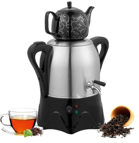 Elektrisk Turkisk Temaskin 2000W Samovar 3L+1L | 3L Rostfritt Stål, 1L Keramisk Tekanna, Varmhållning, Auto Av(black)