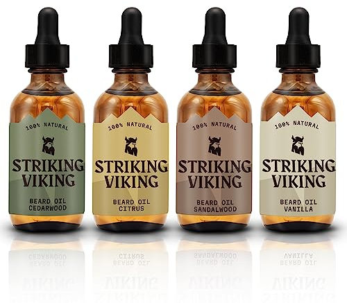 Striking Viking Bartöl für Herren – 4er Pack, 19.5ml (Vanille, Sandelholz, Zedernholz, Zitrus) – Bartpflege Set für Männer mit Mandel, Teebaum, Argan & Jojobaöl für Bartwachstum & Geschmeidigkeit