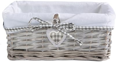 Natural Wicker Storage Basket with Lining Hamper Baskets for Gifts Empty Baskets for Shelves (Grey Washed, Small)