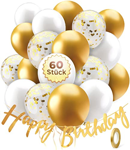 60er Set Luftballons Geburtstag mit Happy Birthday Banner - all-in-one Geburtstagsdeko - Deko Geburtstag - Ballons Geburtstag - Weiß Gold