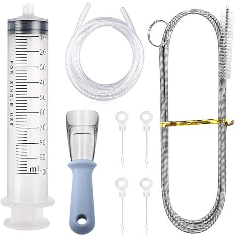 Khlschrank Reinigungsset 8 Stück, Kühlschrankbürste mit Griff, kühlschrank reiniger spritze mit 1 m Schlauch, Wiederverwendbar Edelstahl Abflussreiniger für Kühlschrank schnelle Reinigungü