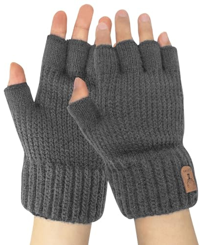Zolunu Uomo Guanti invernali senza dita Guanti invernali caldi a mezzo dito Addensato elastico antivento Fluff foderato Guanti per la guida in esecuzione Sport digitazione (Grigio scuro A15)