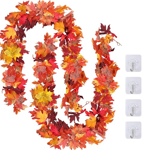 TENQUAN 2 Pack Artificial Autumn Maple Leaves, 5.7 FT Autumn Garland Decoration Fall Hanging Plant Leaves 175cm/Piece Halloween Thanksgiving Party Decor for Home Wall Garden Rireplace Stair (Red)