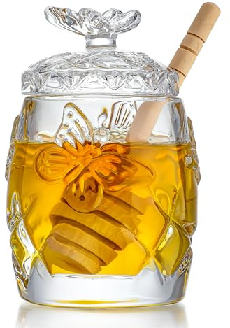 kanpura Clear Crystal Honey Jar with Dipper and Lid, Honey Bee Pot, 4.5oz Glass Honey Pot for Christmas Home Kitchen Decor