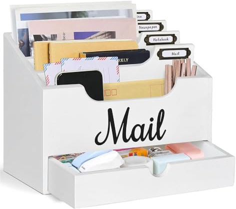 Niciksty Schreibtisch Organizer aus Holz Mit 4 Fächern & Schubladen, Mail Organizer Arbeitsplatte für Büro Schule Rechnungen Dokumente, Weiß