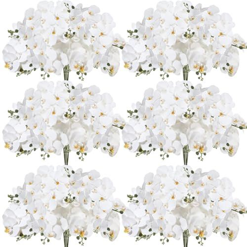Zeyune 16 Pcs 32 Inch Artificial Phalaenopsis Flowers White Artificial Orchid Flowers Stem Plants Natural Large Bloom Orchids 7 Blooms Fake Phalaenopsis Flower Bulk for Home Office Wedding Decoration