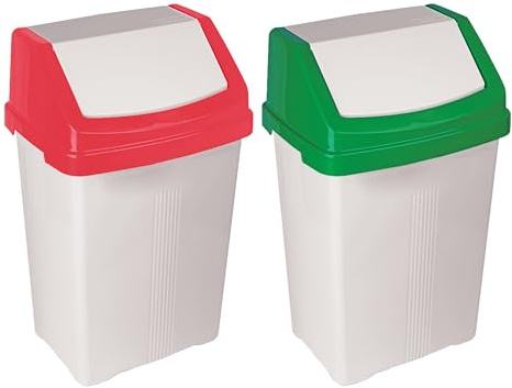 Eason Bos - Set of 2 Flip Top Plastic Waste Bin 50L Large Durable Kitchen Waste Recycling Bin with Colour Coded Swing Lids, Disposable General Trash Garbage Rubbish Bin for Home, Office (Red & Green)
