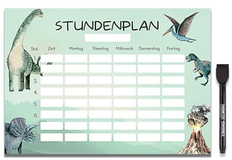 FloraVigo stundenplan magnetisch,stundenplan abwischbar, Dinosaurier-Muster, Stift mit Klebebandpinsel, wiederbeschreibbar, geeignet für Kühlschrank und Whiteboard, Geschenk zum Schulanfang