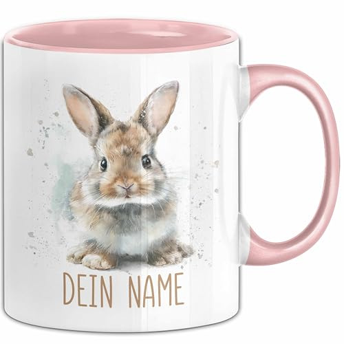 Hasen Tasse mit Namen – Personalisierte Tasse für Geburtstag Geschenkidee Junge Mädchen Ostern Namenstasse (Rosa)