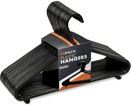 Scott 11 Kunststoff-Kleiderbügel, 25 Stück, schwarz, Starke Kleiderbügel für Kleidung, langlebig, mit Haken für platzsparend, leicht, rutschfest, schlankes Design für Hosen, Hemden und Anzüge, 25