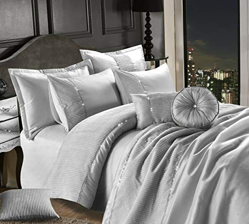 QM-Bedding® LEONA EMBROIDERED Luxury Satin Silk Duvet Quilt Cover Set Or Bed-Spread (Silver, Double)