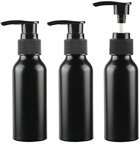 ZEOABSY 3 Stück 100 ml Leere Rund Schwarz Aluminium Flasche mit Seifenspender, 100ml Lotionspender Gelspender mit Schwarz Pumpenkopf zum befüllen für Kosmetik Cremigen Substanzen,Lotionen Reisen