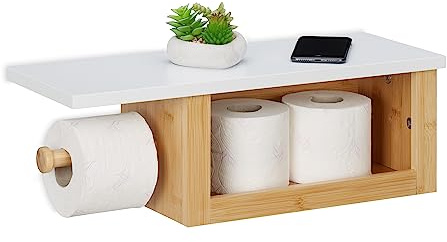Relaxdays Toalettpappershållare med hylla, toalettpappershållare bambu, öppet fack, HBT: 17 x 50 x 18 cm, vägg, natur/vit, 1 st