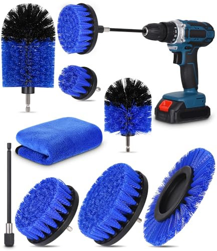 Birshe Lot de 8 brosses de perceuse de nettoyage multifonctions pour voiture pour jantes, carreaux, cuisine, salle de bains, grilles Bleu