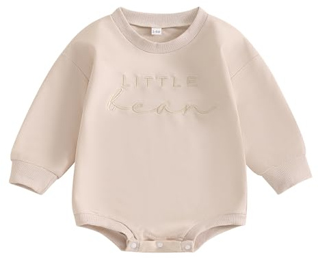 Bufarromio Infant Newborn Baby Boys Girls Bubble Romper Little Bean Letter Embroidery Long Sleeve Jumpsuit Crew Neck Sweatshirt Playsuit (Apricot, 0-3 Months)