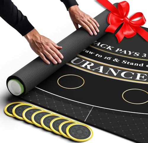 Newverest Blackjack Tischmatte 180 x 90 cm – Casino Tischauflage für Spielabende zu Hause mit Freunden | Poker- & Blackjack- Matte mit Reißverschlusstasche, 8 Untersetzer & Geschenkbox