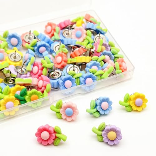 RuiChy Flower Thumbtacks Push Pins, 50 Pcs Colorful Sunflower Drawing Pins Cork Board Pushpins Boxed Decorative Flowers Thumb Tacks for Wall Bulletin Board Travel Map Photo Display Office School