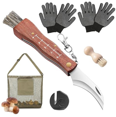 CYUaoao Pilzmesser Set Pilzmesser mit Bürste und Tasche 21cm Pilzmesser aus Birnbaumholz Pilz Sammeltasche Geschenk für Pilzsammler Zusatz für den Pilzkorb - Pilzpinsel, Pilz Messer