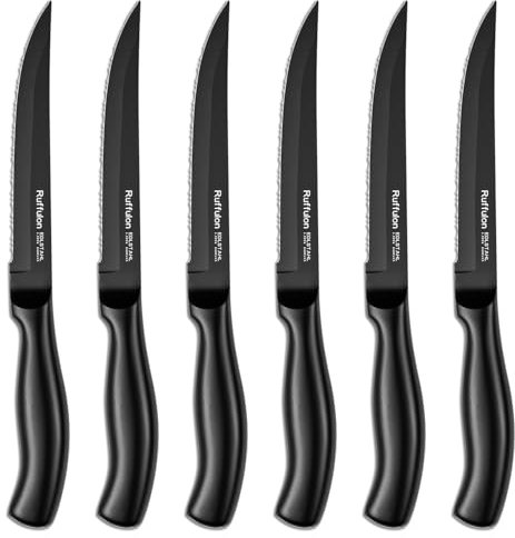 Ruffulon Vollständig Edelstahl Steakmesser Set,6 teilig,Steak Messer Set mit Wellenschliff,Robuster Kunststoffgriff Steakbesteck Set,Küchenmesser,Schwarzes,Spülmaschinenfest