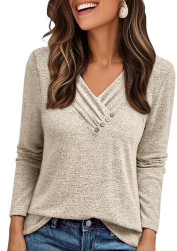 Cuptacc Pullover Damen Langarmshirt V Ausschnitt Knopf T Shirt Longsleeve | V-Ausschnitt,Zierknöpfen,Falten,Locker,Elegant,Stretch,Langarm,Einfarbig,Bequeme,Herbst,Winter,Casual,Schicker,Women