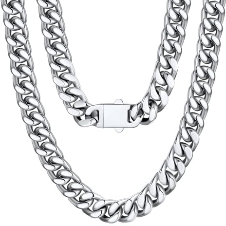 U7 Cadena Cubana Hombre Collar Acero Inoxidable 316L Cadena Plateada 12mm Ancho 51cm Largo Regalos Originales para Hombre Chico con Caja de Regalo