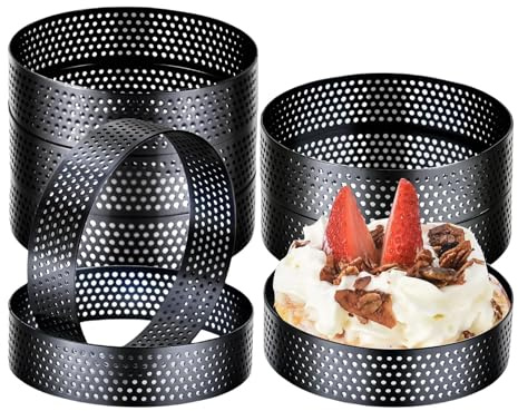 alloneslife Set di 8 stampi da pasticceria in acciaio inox con fori di sfiato anelli da dessert diametro 10 cm adatti per cuocere in modo efficiente torte forate in acciaio inox